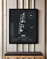 Framed Detailed Airport Map of Aurora State Airport (UAO) in Gray with a Black Frame