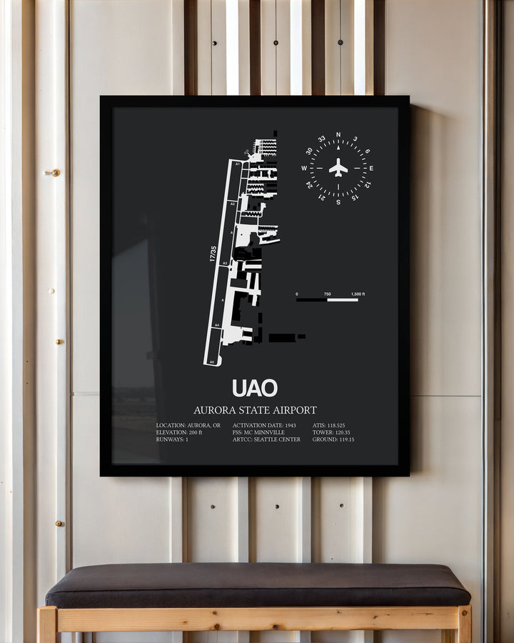 Framed Detailed Airport Map of Aurora State Airport (UAO) in Gray with a Black Frame