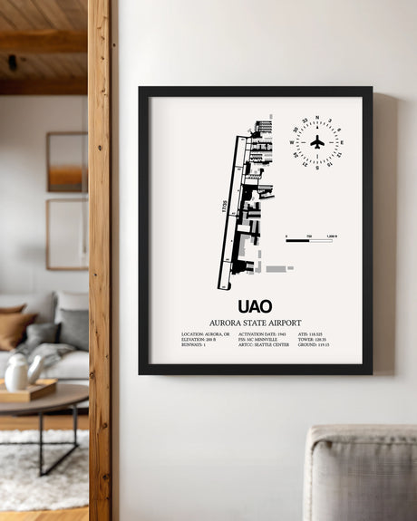 Framed Detailed Airport Map of Aurora State Airport (UAO) in White with a Black Frame