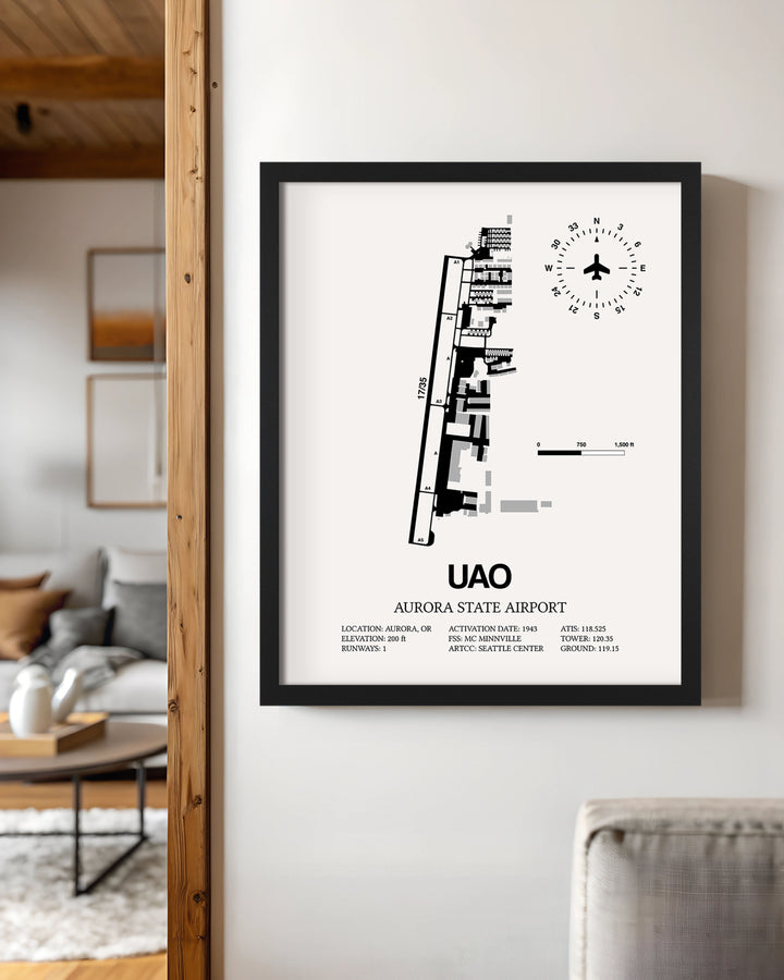 Framed Detailed Airport Map of Aurora State Airport (UAO) in White with a Black Frame