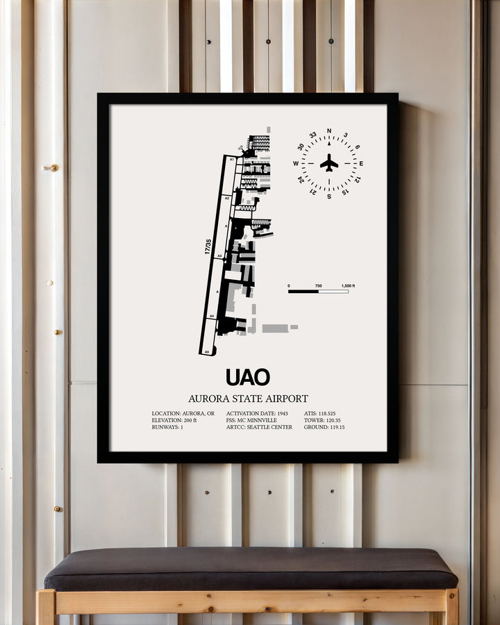 Framed Detailed Airport Map of Aurora State Airport (UAO) in White with a Black Frame
