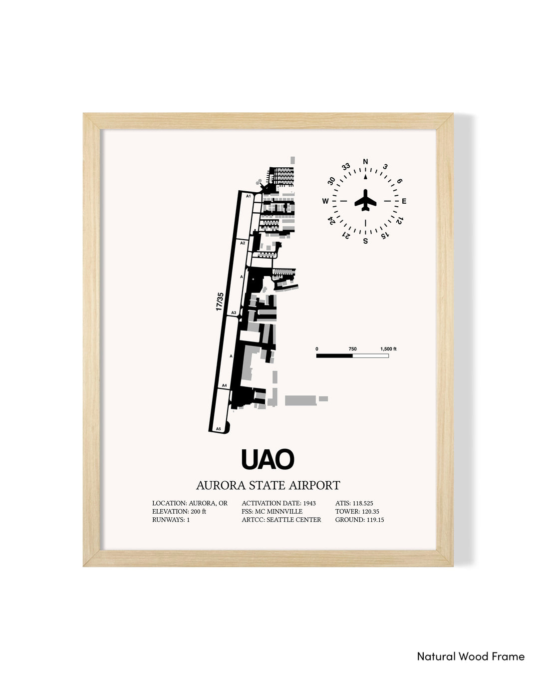 Detailed Airport Map of Aurora State Airport (UAO) in White with a Natural Frame