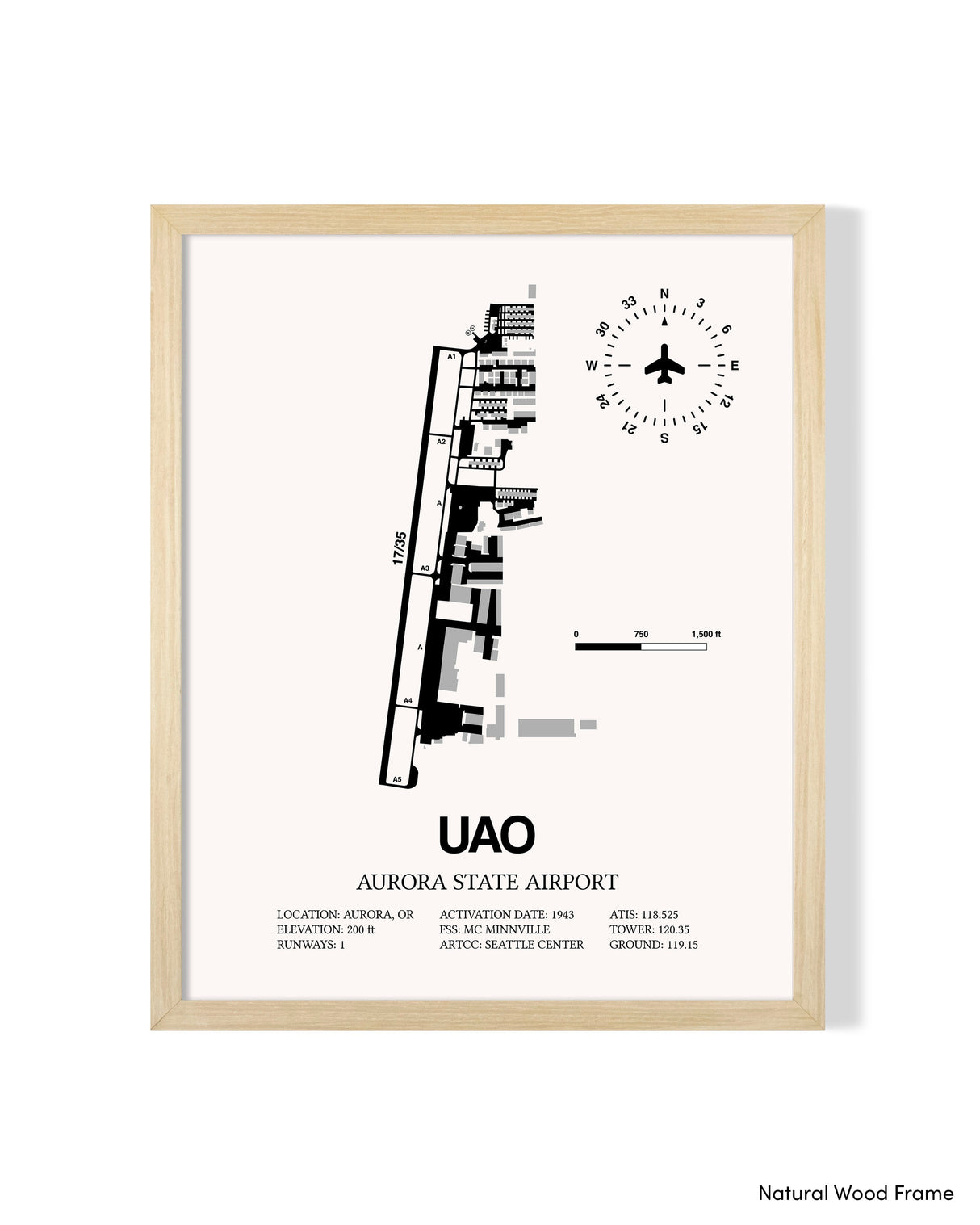 Detailed Airport Map of Aurora State Airport (UAO) in White with a Natural Frame