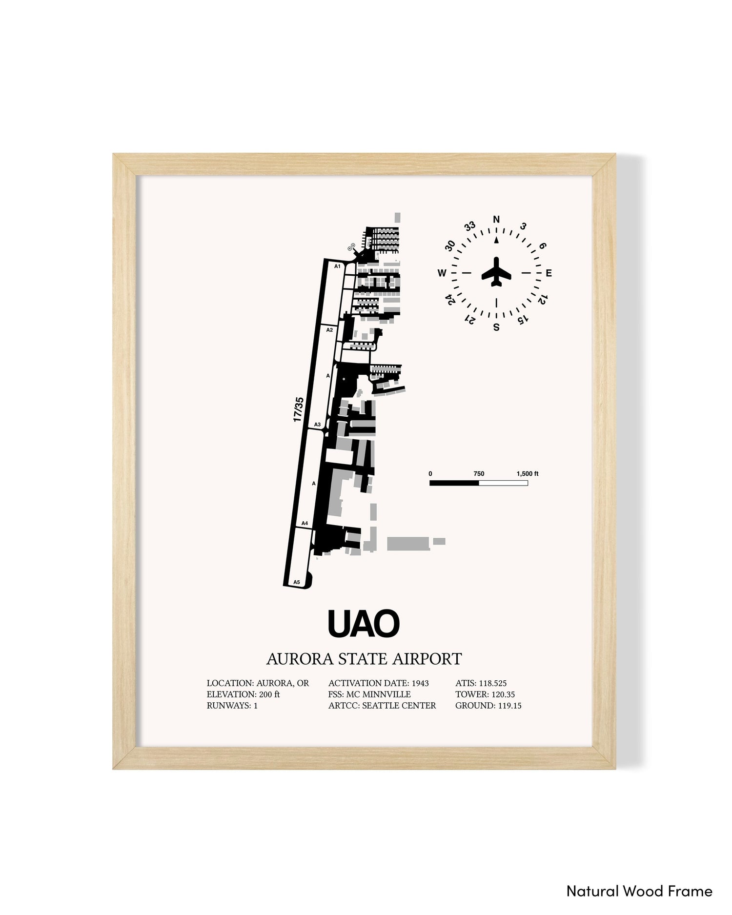 Detailed Airport Map of Aurora State Airport (UAO) in White with a Natural Frame