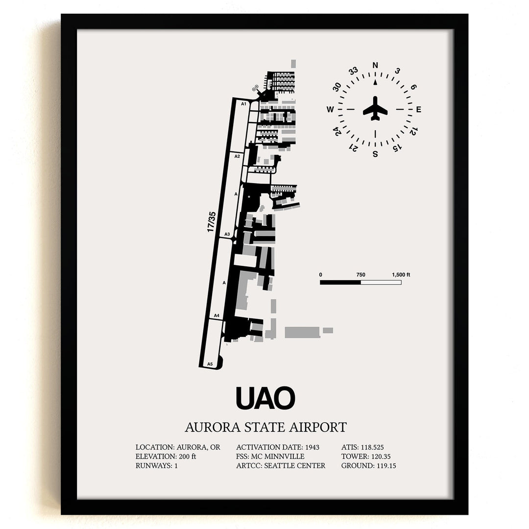 Framed Detailed Airport Map of Aurora State Airport (UAO) in White with a Black Frame