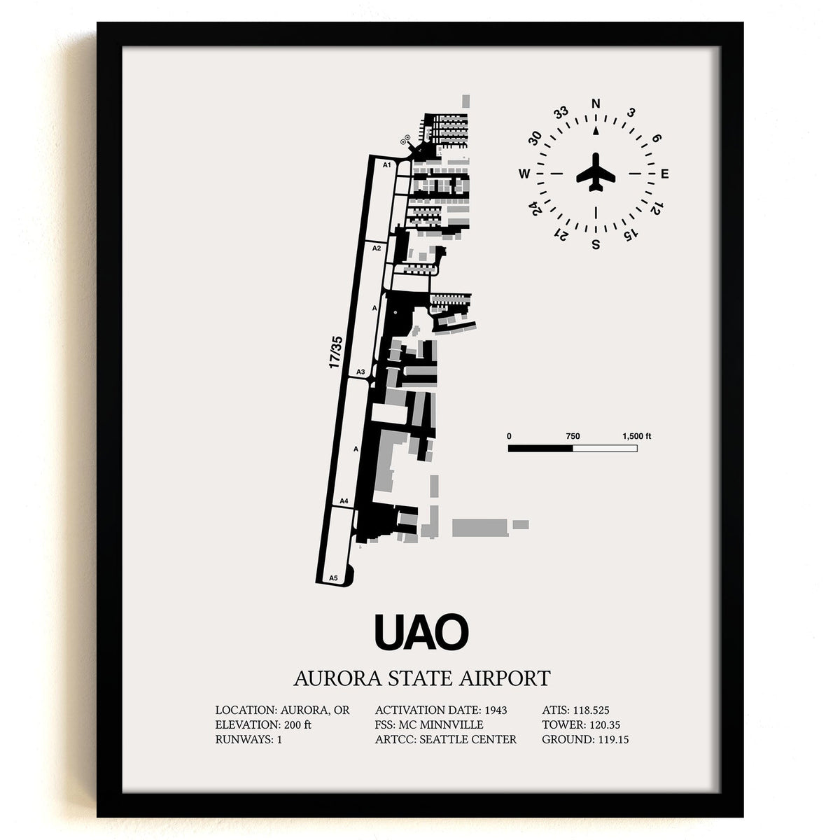 Framed Detailed Airport Map of Aurora State Airport (UAO) in White with a Black Frame