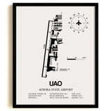 Framed Detailed Airport Map of Aurora State Airport (UAO) in White with a Black Frame