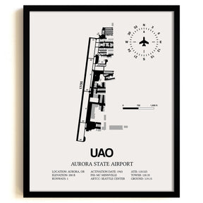 Framed Detailed Airport Map of Aurora State Airport (UAO) in White with a Black Frame