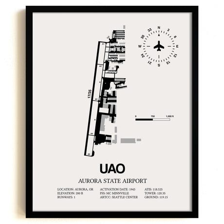 Framed Detailed Airport Map of Aurora State Airport (UAO) in White with a Black Frame