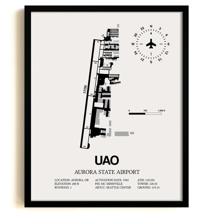 Framed Detailed Airport Map of Aurora State Airport (UAO) in White with a Black Frame