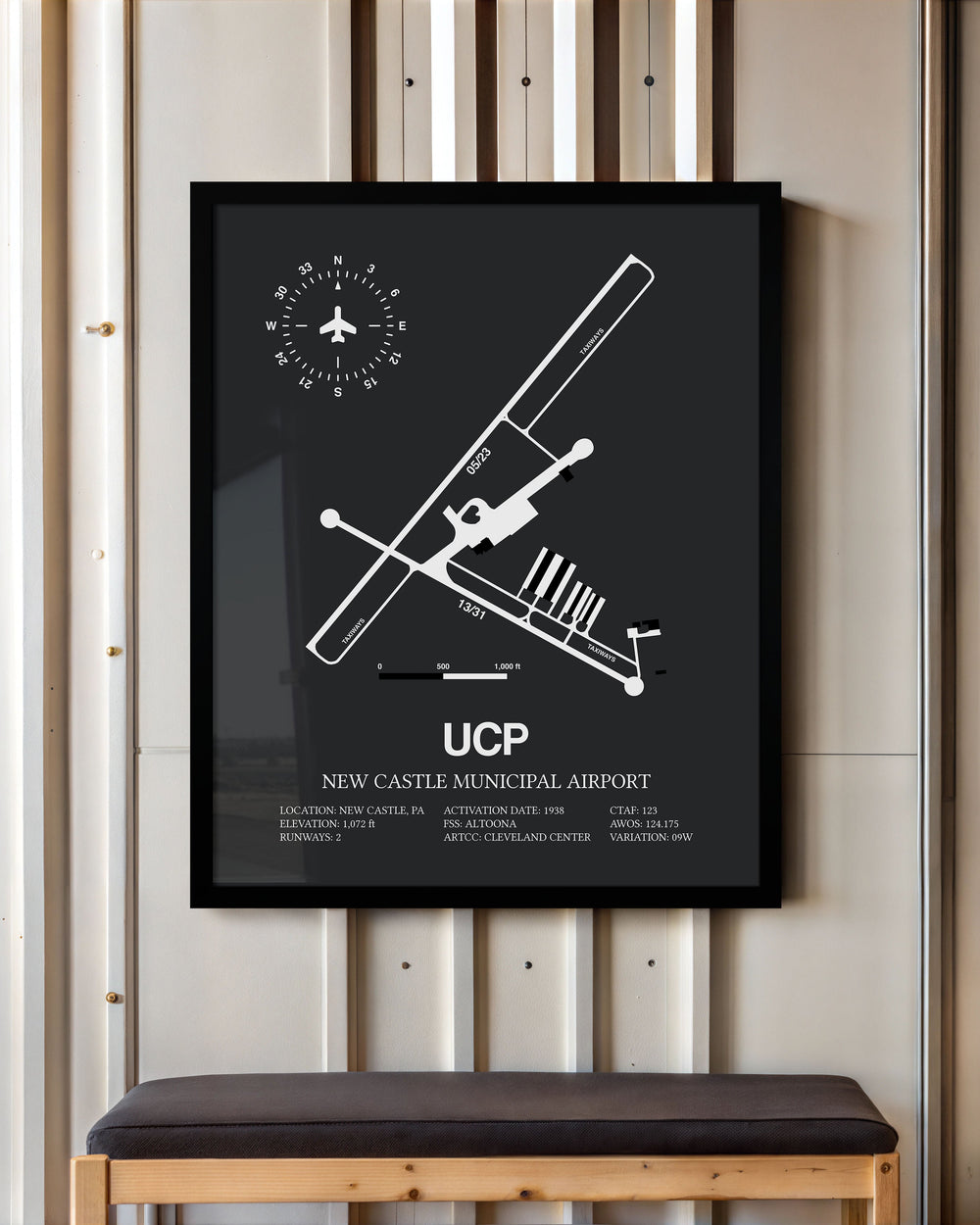 Framed Detailed Airport Map of New Castle Municipal Airport (UCP) in Gray with a Black Frame