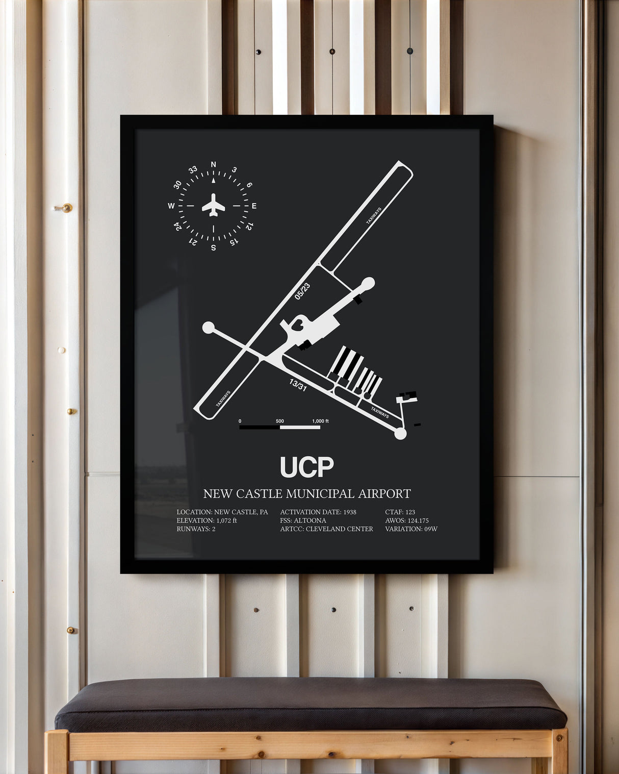 Framed Detailed Airport Map of New Castle Municipal Airport (UCP) in Gray with a Black Frame