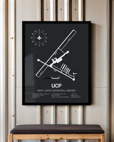 Framed Detailed Airport Map of New Castle Municipal Airport (UCP) in Gray with a Black Frame