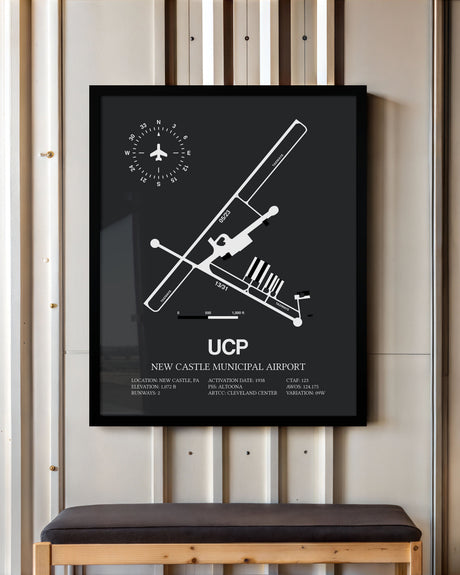 Framed Detailed Airport Map of New Castle Municipal Airport (UCP) in Gray with a Black Frame