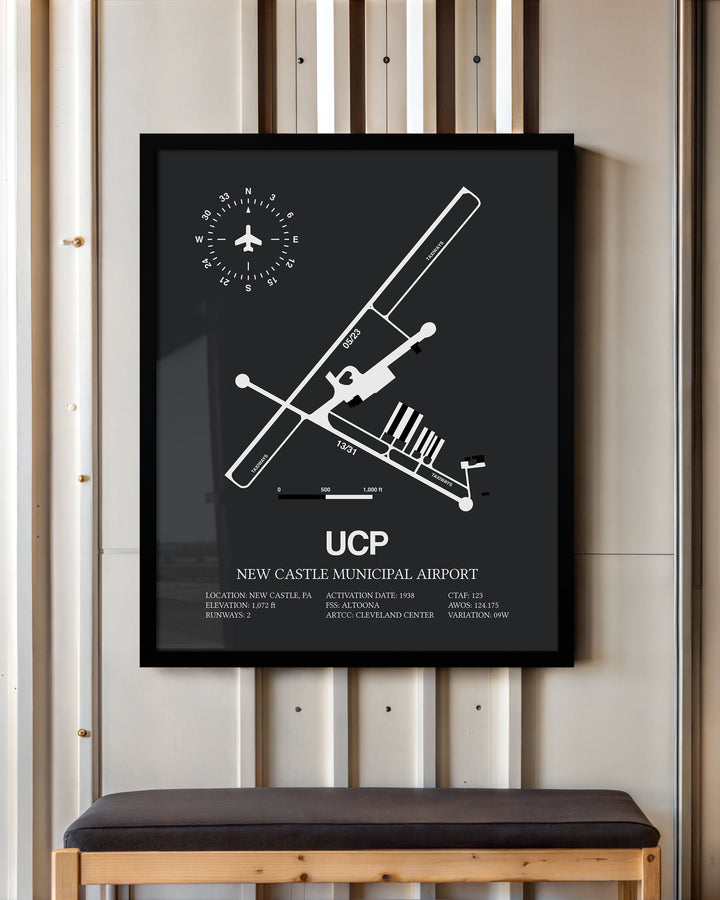 Framed Detailed Airport Map of New Castle Municipal Airport (UCP) in Gray with a Black Frame