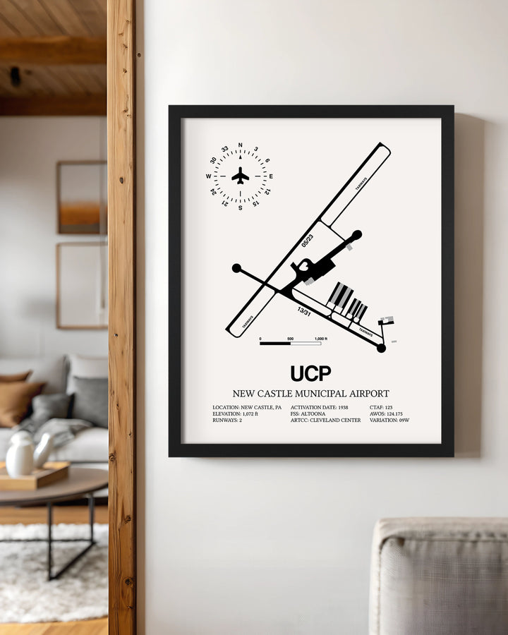 Framed Detailed Airport Map of New Castle Municipal Airport (UCP) in White with a Black Frame