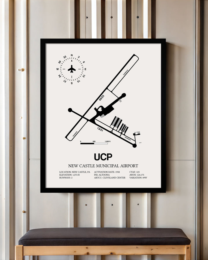 Framed Detailed Airport Map of New Castle Municipal Airport (UCP) in White with a Black Frame