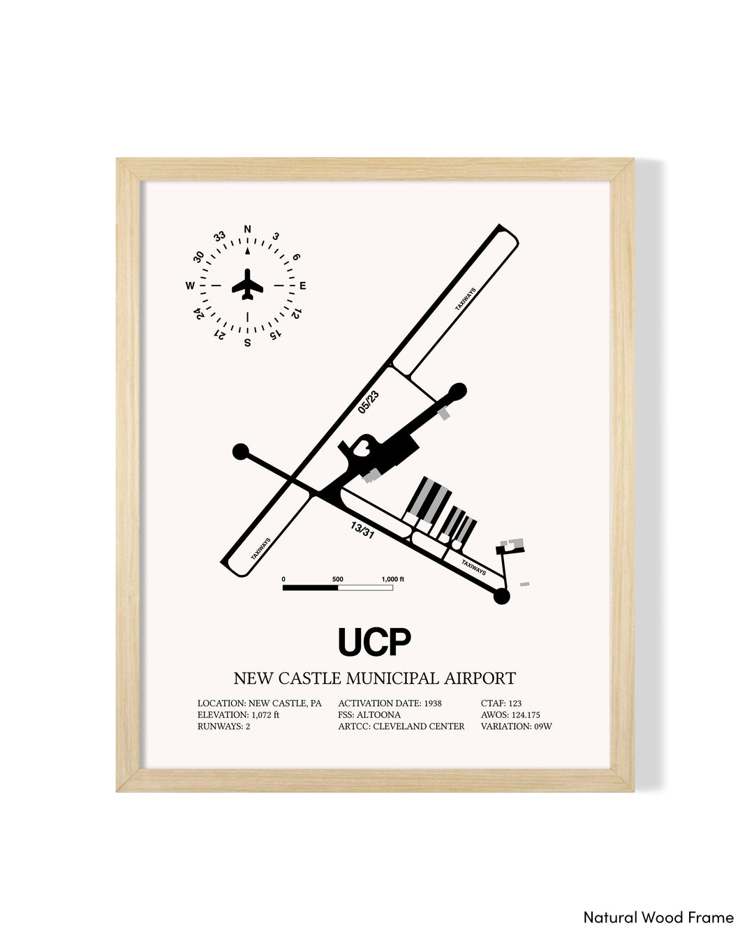 Detailed Airport Map of New Castle Municipal Airport (UCP) in White with a Natural Frame