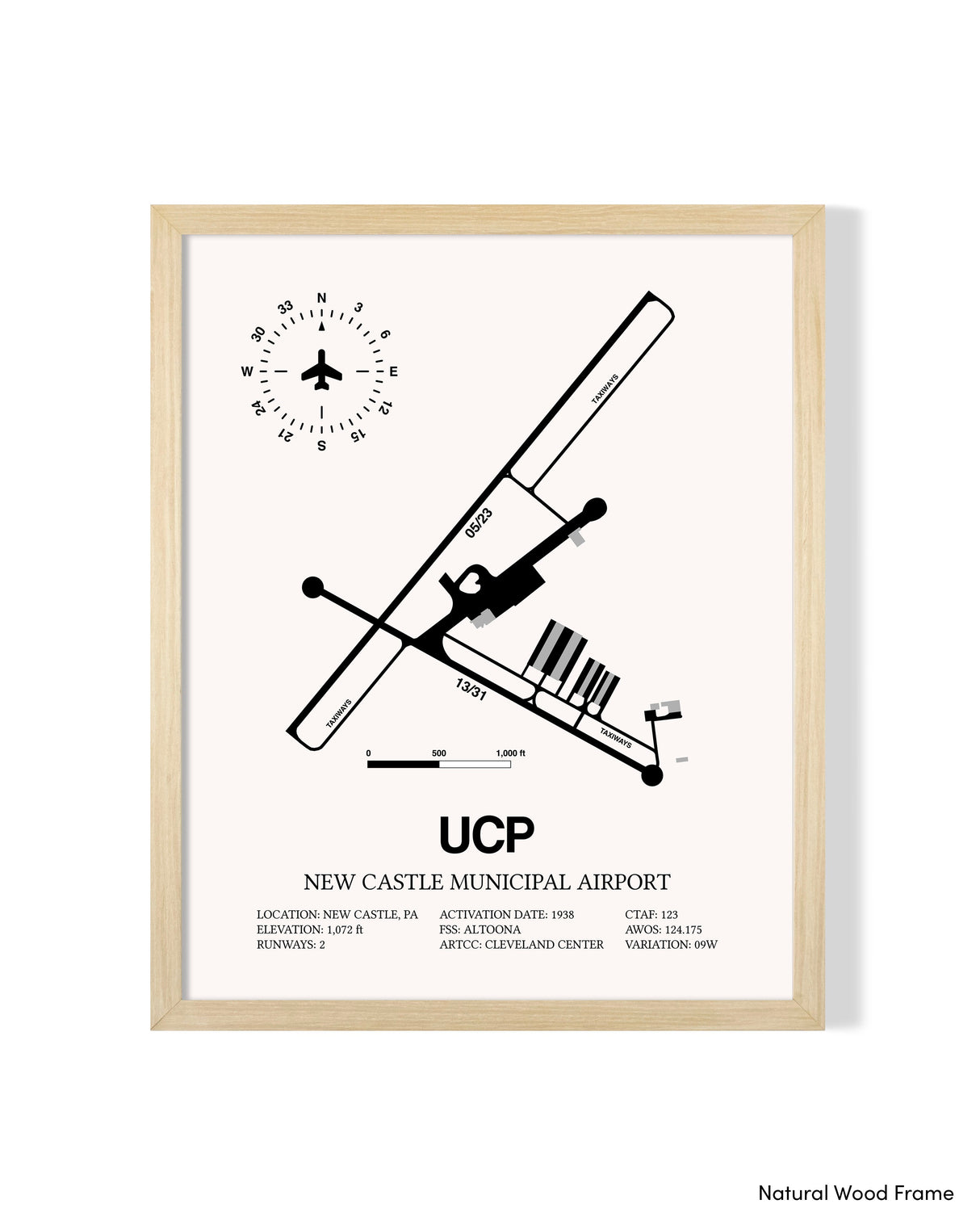 Detailed Airport Map of New Castle Municipal Airport (UCP) in White with a Natural Frame