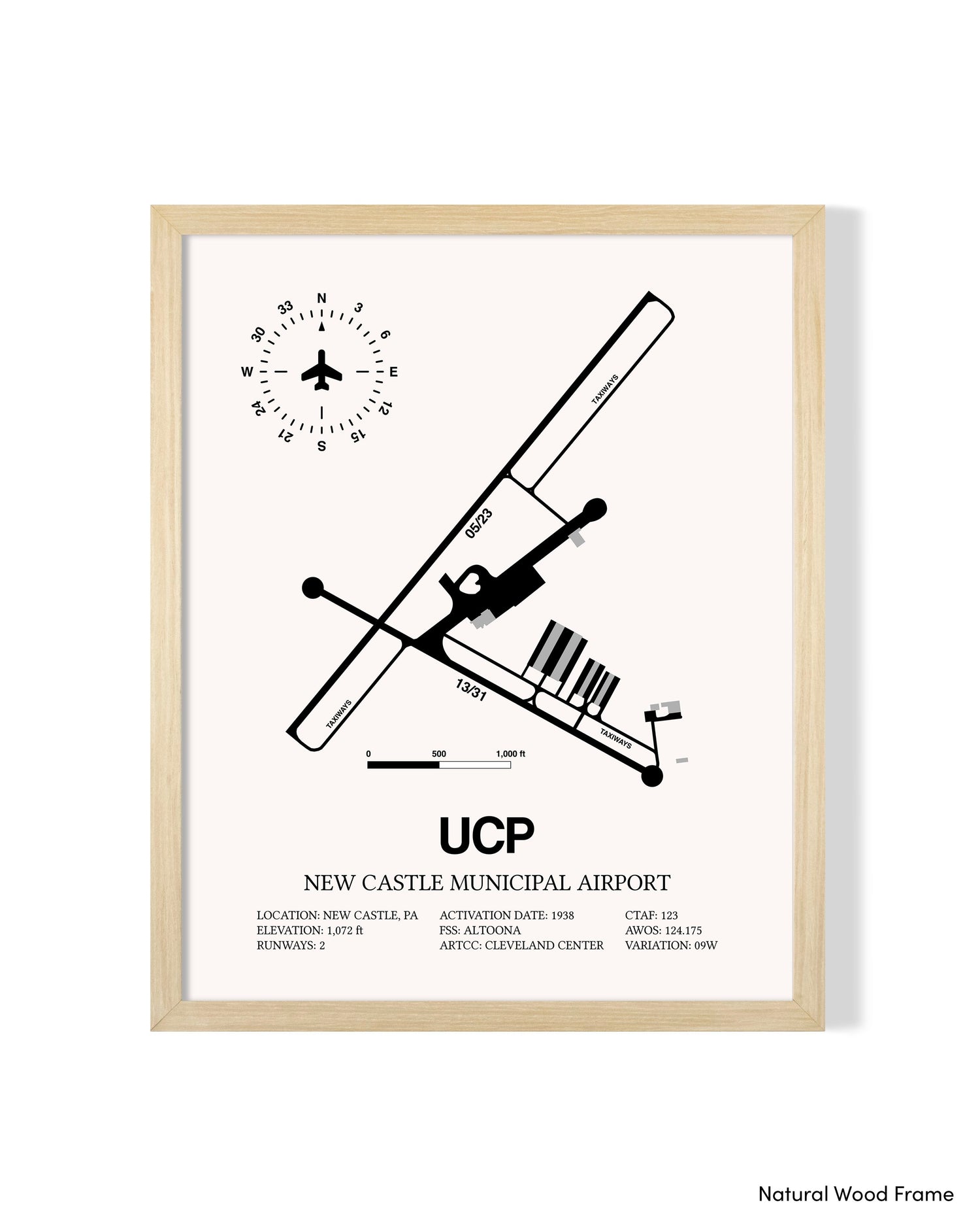 Detailed Airport Map of New Castle Municipal Airport (UCP) in White with a Natural Frame