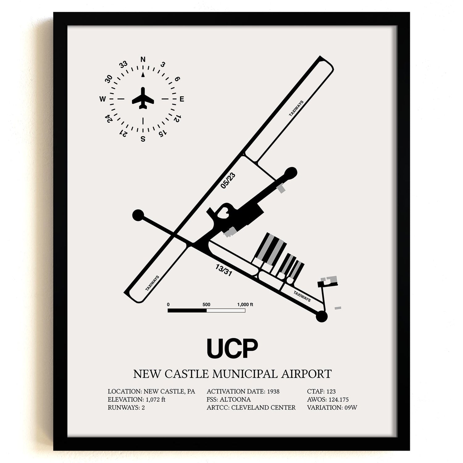 Framed Detailed Airport Map of New Castle Municipal Airport (UCP) in White with a Black Frame