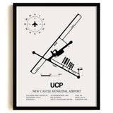 Framed Detailed Airport Map of New Castle Municipal Airport (UCP) in White with a Black Frame