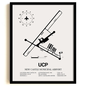 Framed Detailed Airport Map of New Castle Municipal Airport (UCP) in White with a Black Frame