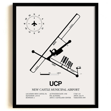 Framed Detailed Airport Map of New Castle Municipal Airport (UCP) in White with a Black Frame