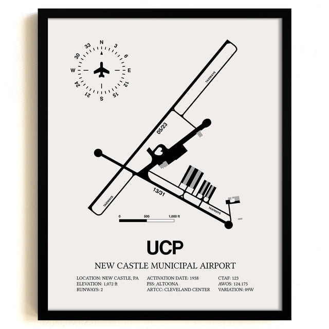 Framed Detailed Airport Map of New Castle Municipal Airport (UCP) in White with a Black Frame