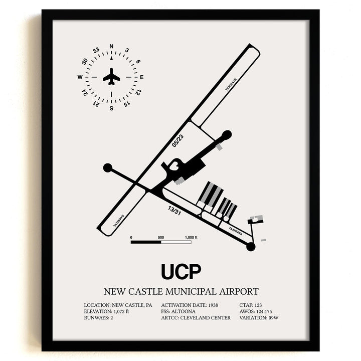 Framed Detailed Airport Map of New Castle Municipal Airport (UCP) in White with a Black Frame
