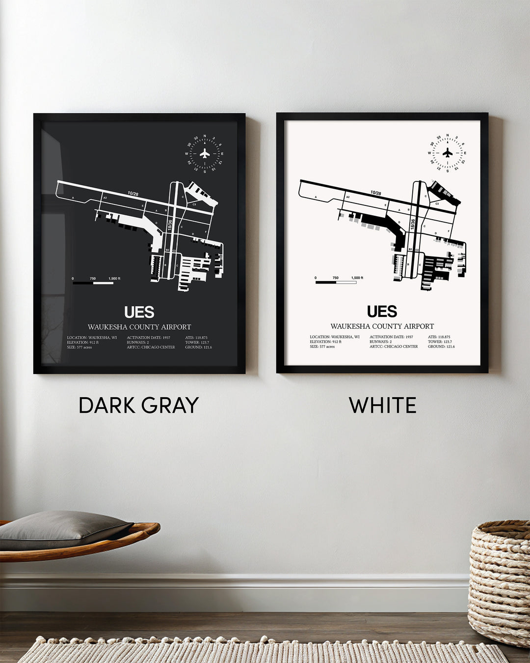 Framed Detailed Airport Map of Waukesha County Airport (UES) in White and Gray