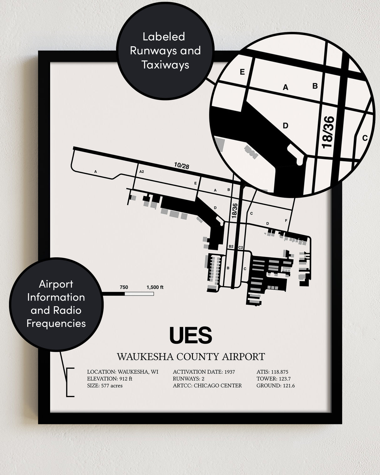 Framed Detailed Airport Map of Waukesha County Airport (UES) in White with a Black Frame