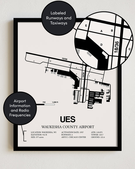 Framed Detailed Airport Map of Waukesha County Airport (UES) in White with a Black Frame