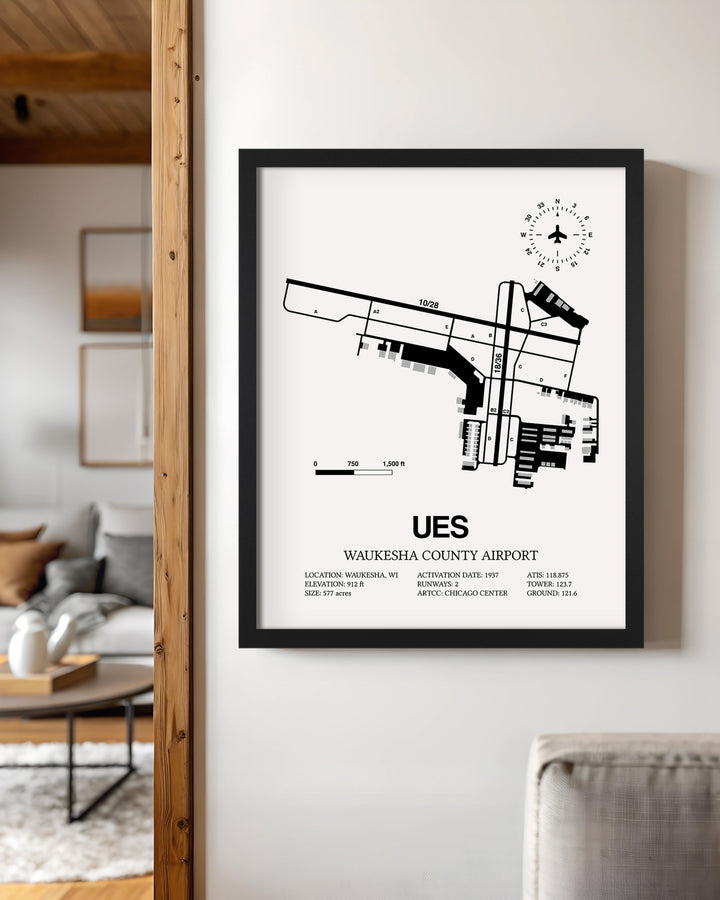 Framed Detailed Airport Map of Waukesha County Airport (UES) in White with a Black Frame