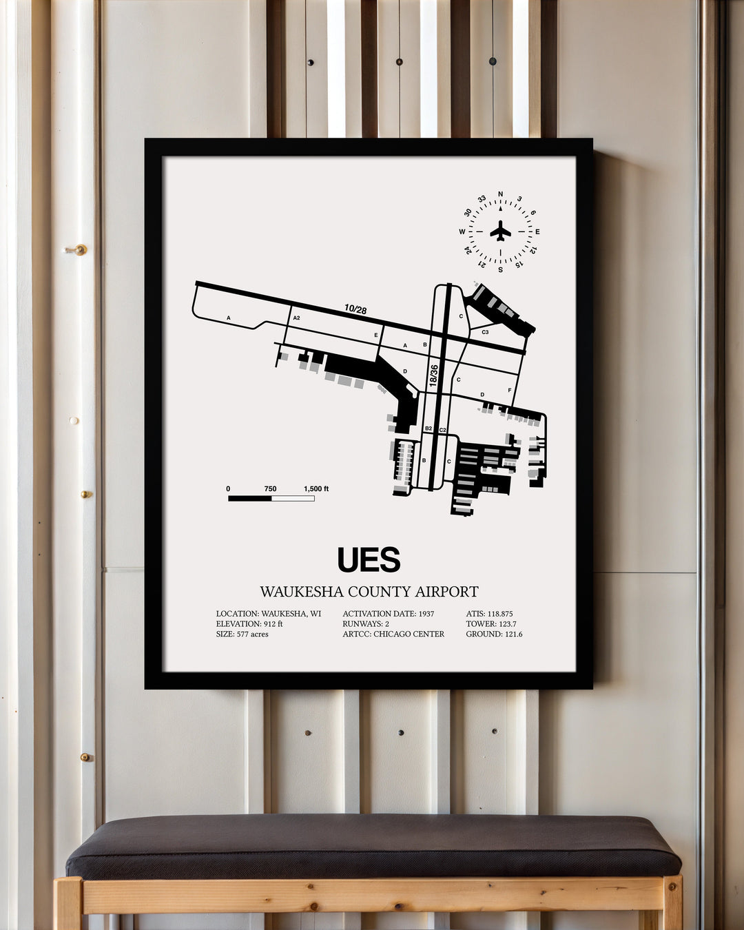 Framed Detailed Airport Map of Waukesha County Airport (UES) in White with a Black Frame