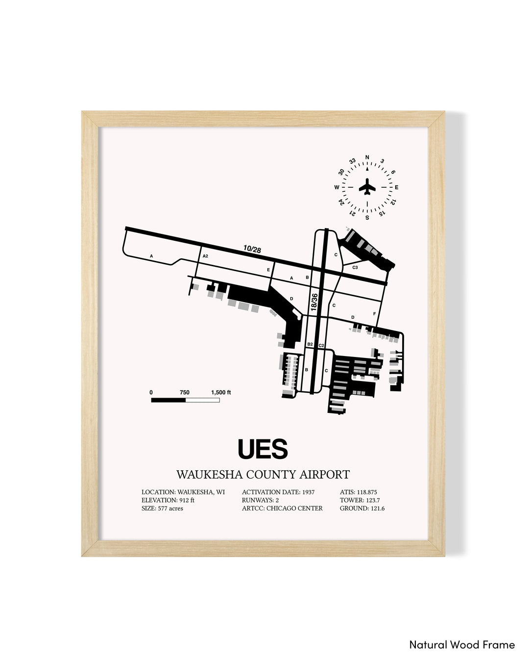Detailed Airport Map of Waukesha County Airport (UES) in White with a Natural Frame