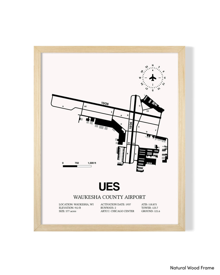 Detailed Airport Map of Waukesha County Airport (UES) in White with a Natural Frame