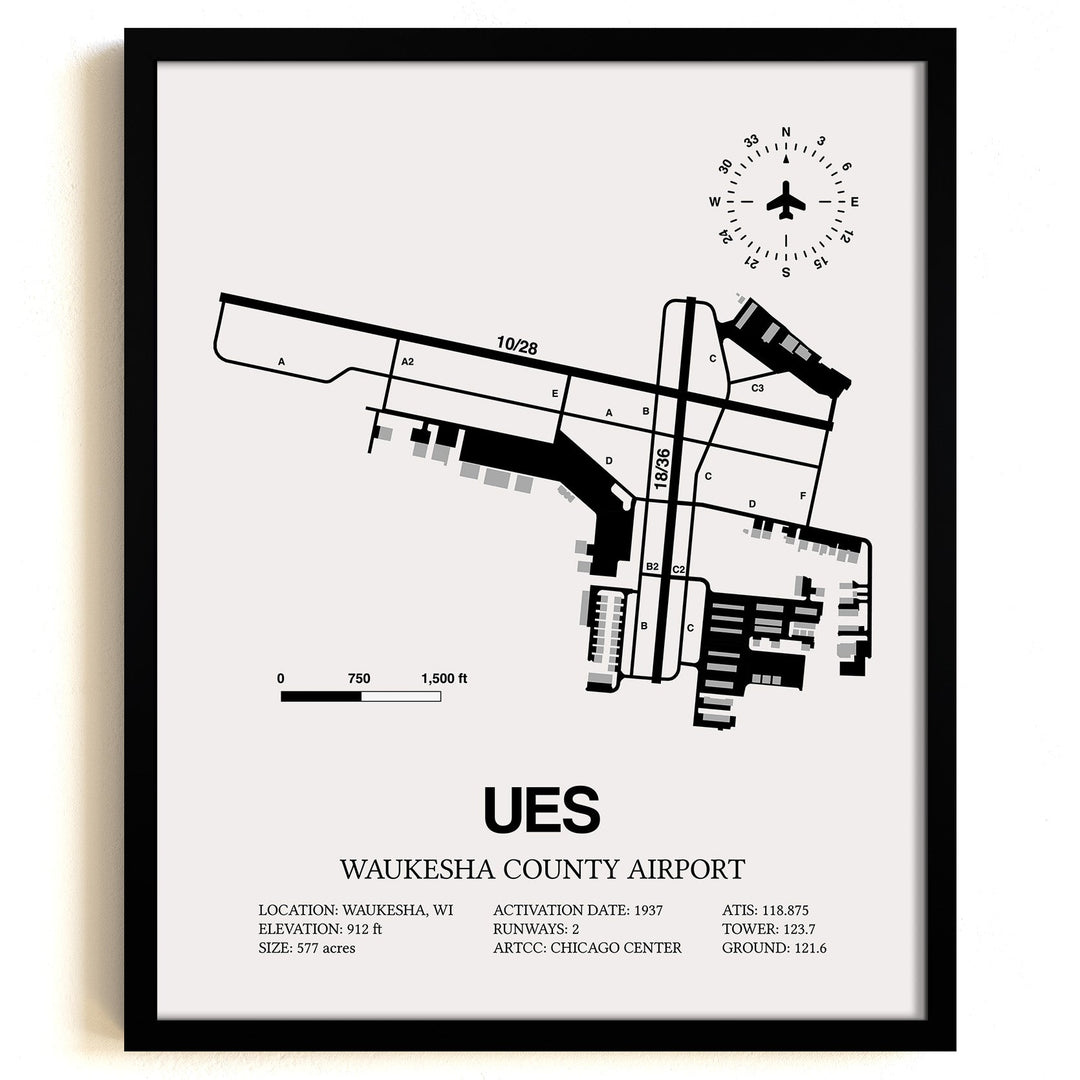 Framed Detailed Airport Map of Waukesha County Airport (UES) in White with a Black Frame
