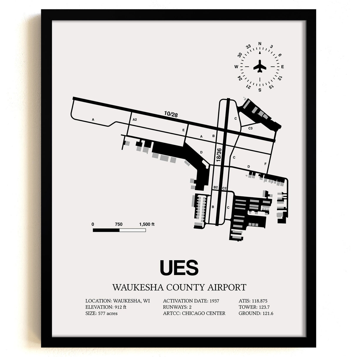 Framed Detailed Airport Map of Waukesha County Airport (UES) in White with a Black Frame