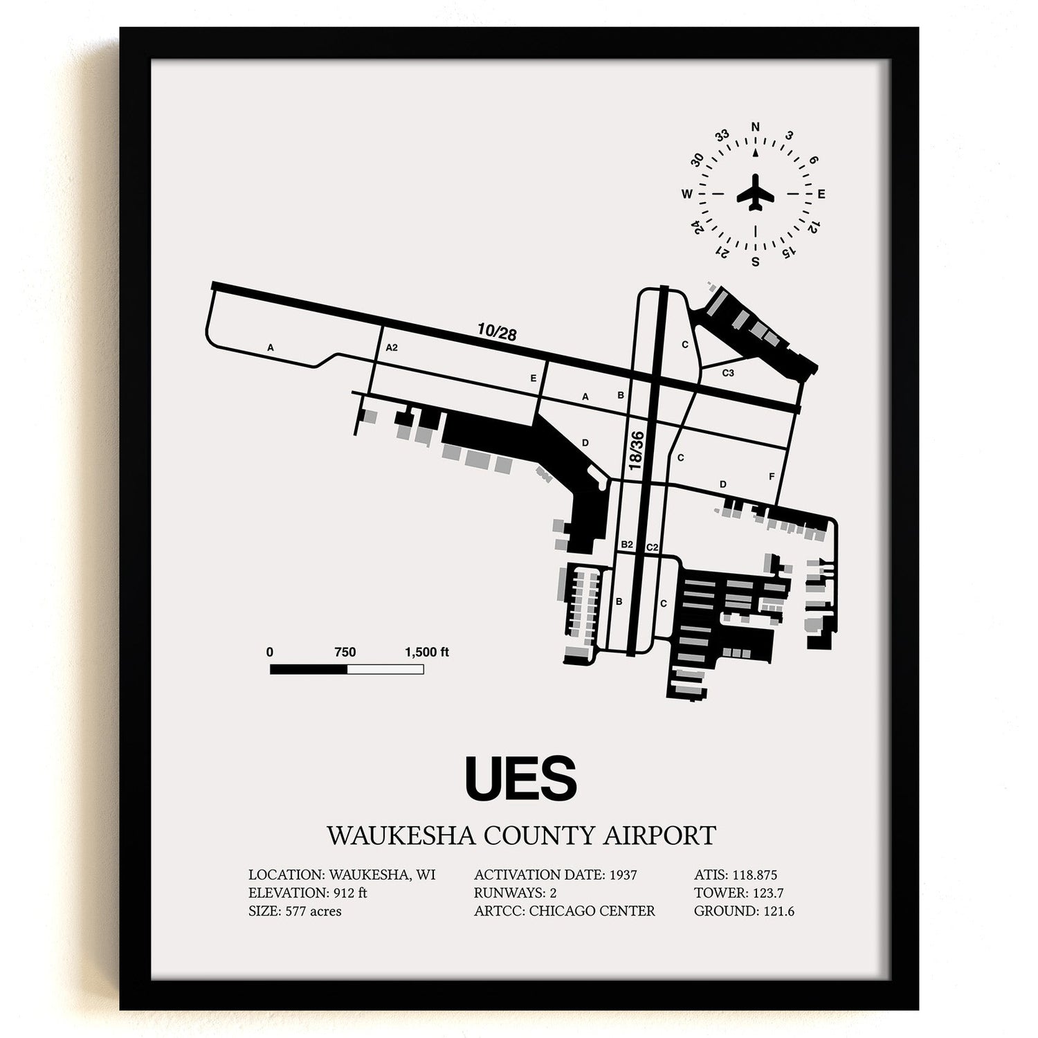 Framed Detailed Airport Map of Waukesha County Airport (UES) in White with a Black Frame