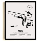 Framed Detailed Airport Map of Waukesha County Airport (UES) in White with a Black Frame