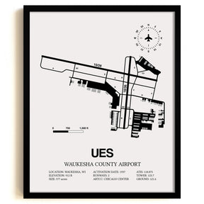 Framed Detailed Airport Map of Waukesha County Airport (UES) in White with a Black Frame