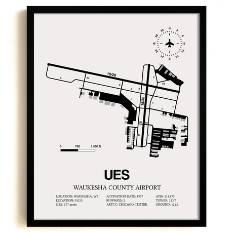 Framed Detailed Airport Map of Waukesha County Airport (UES) in White with a Black Frame