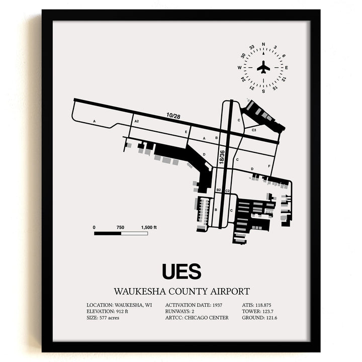 Framed Detailed Airport Map of Waukesha County Airport (UES) in White with a Black Frame