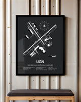 Framed Detailed Airport Map of Waukegan National Airport (UGN) in Gray with a Black Frame