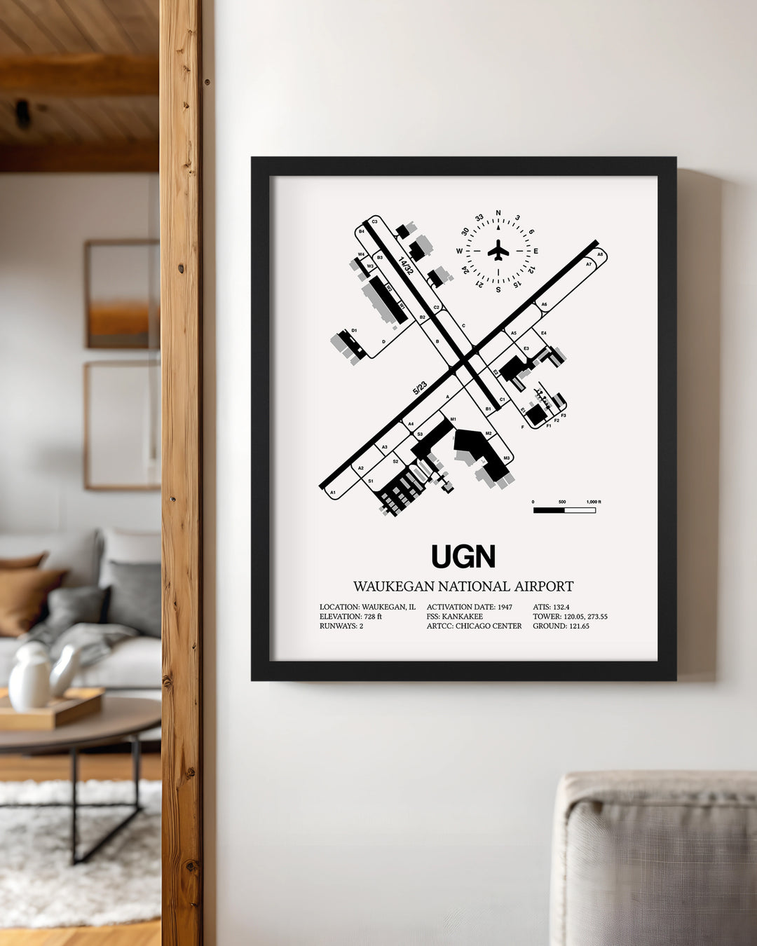 Framed Detailed Airport Map of Waukegan National Airport (UGN) in White with a Black Frame
