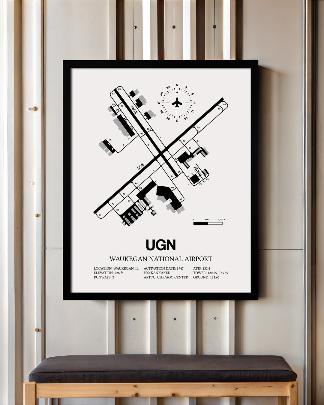 Framed Detailed Airport Map of Waukegan National Airport (UGN) in White with a Black Frame