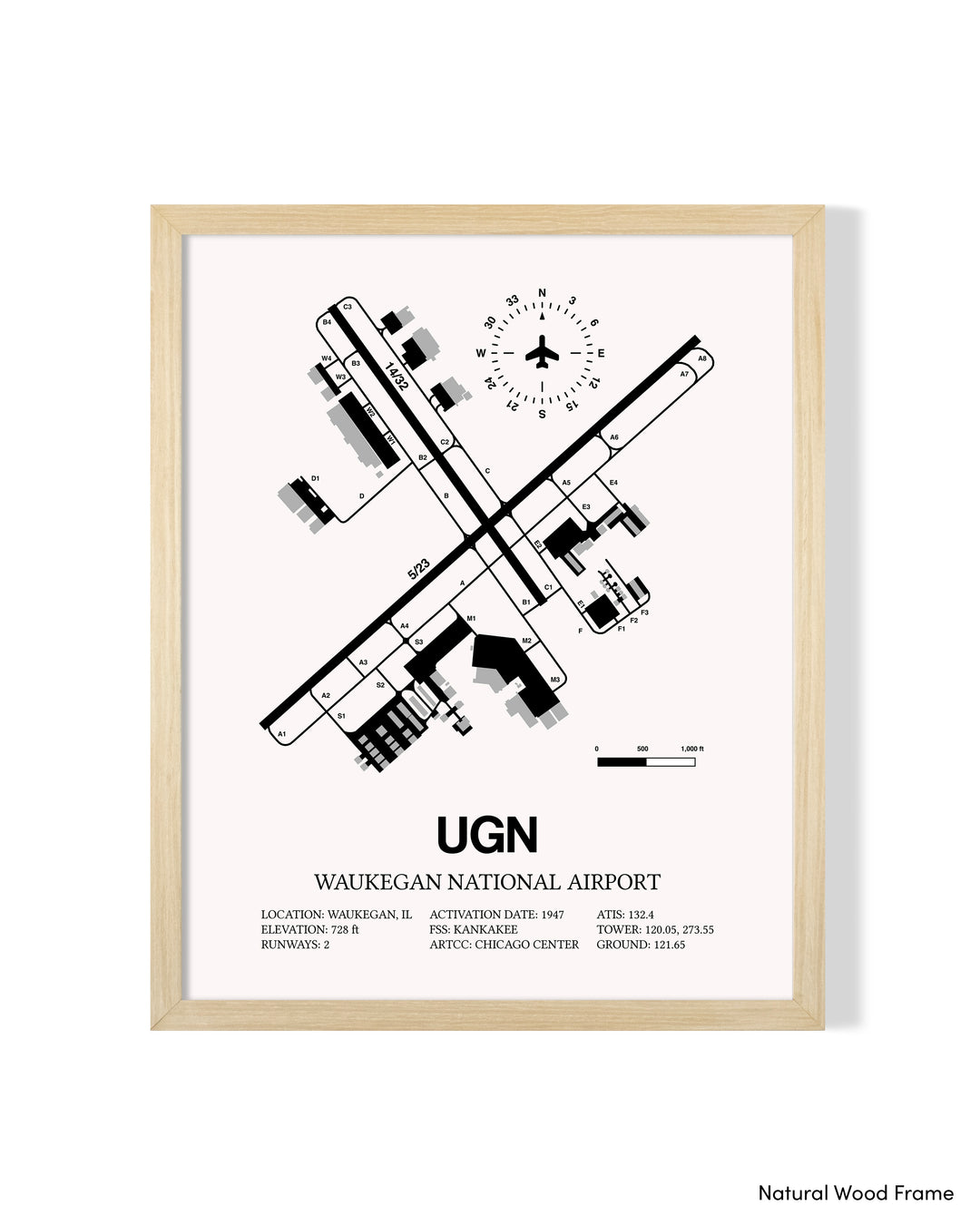 Detailed Airport Map of Waukegan National Airport (UGN) in White with a Natural Frame