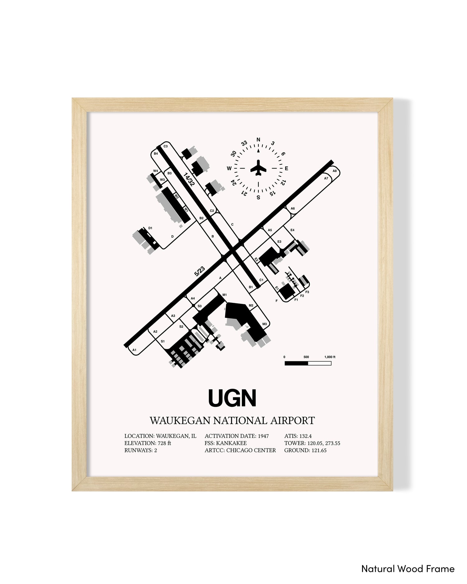 Detailed Airport Map of Waukegan National Airport (UGN) in White with a Natural Frame