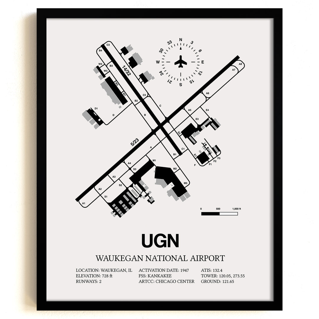 Framed Detailed Airport Map of Waukegan National Airport (UGN) in White with a Black Frame